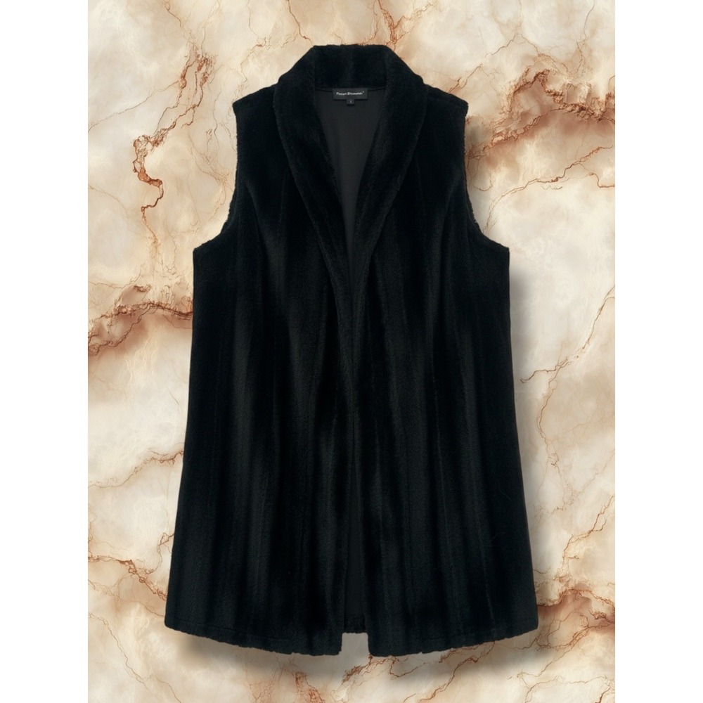 Travel Elements Black Faux Fur Vest Shawl Collar Open Front Sleeveless Jacket L